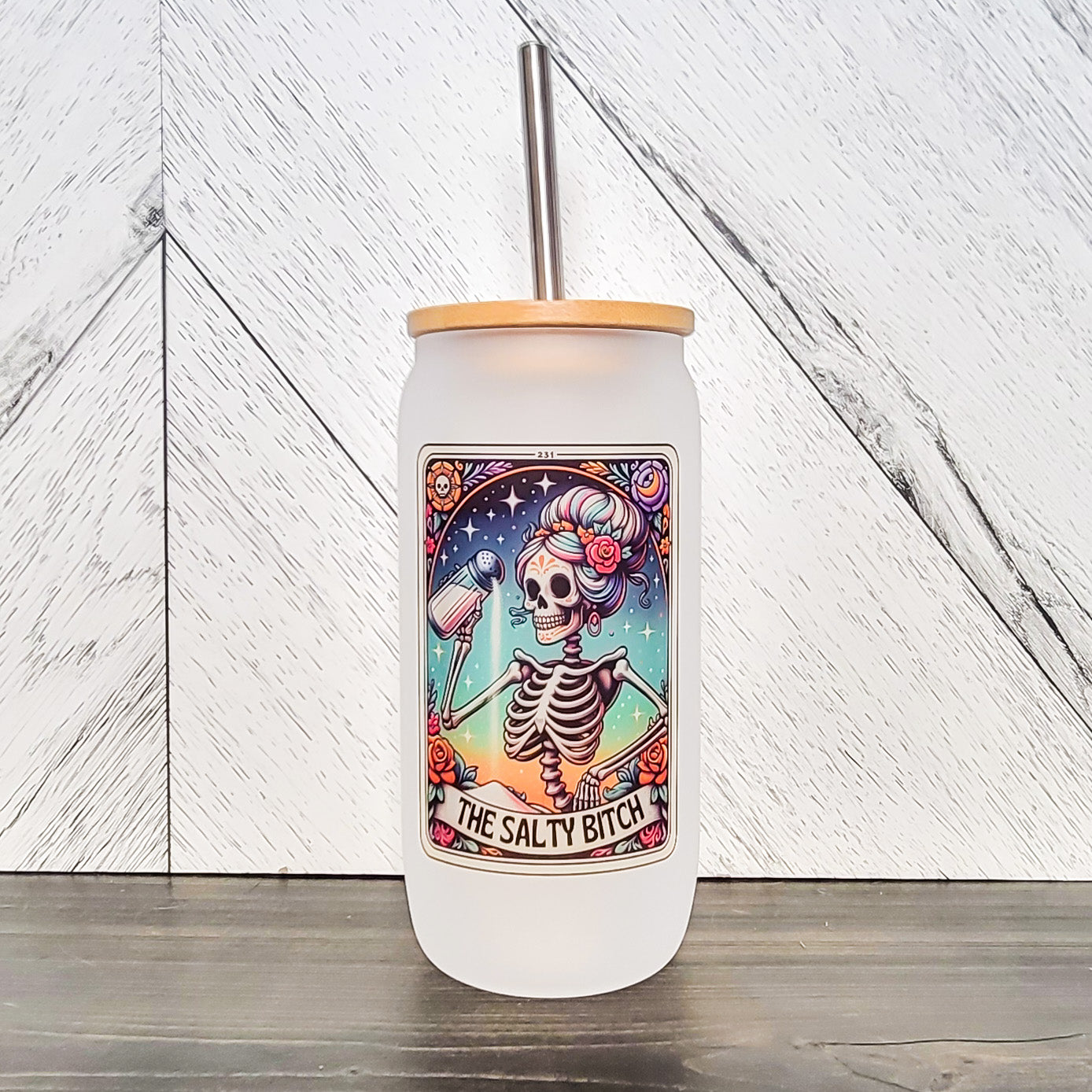 The Salty Bitch Frosted Can with Bamboo Lid | Tarot Card Glass Can