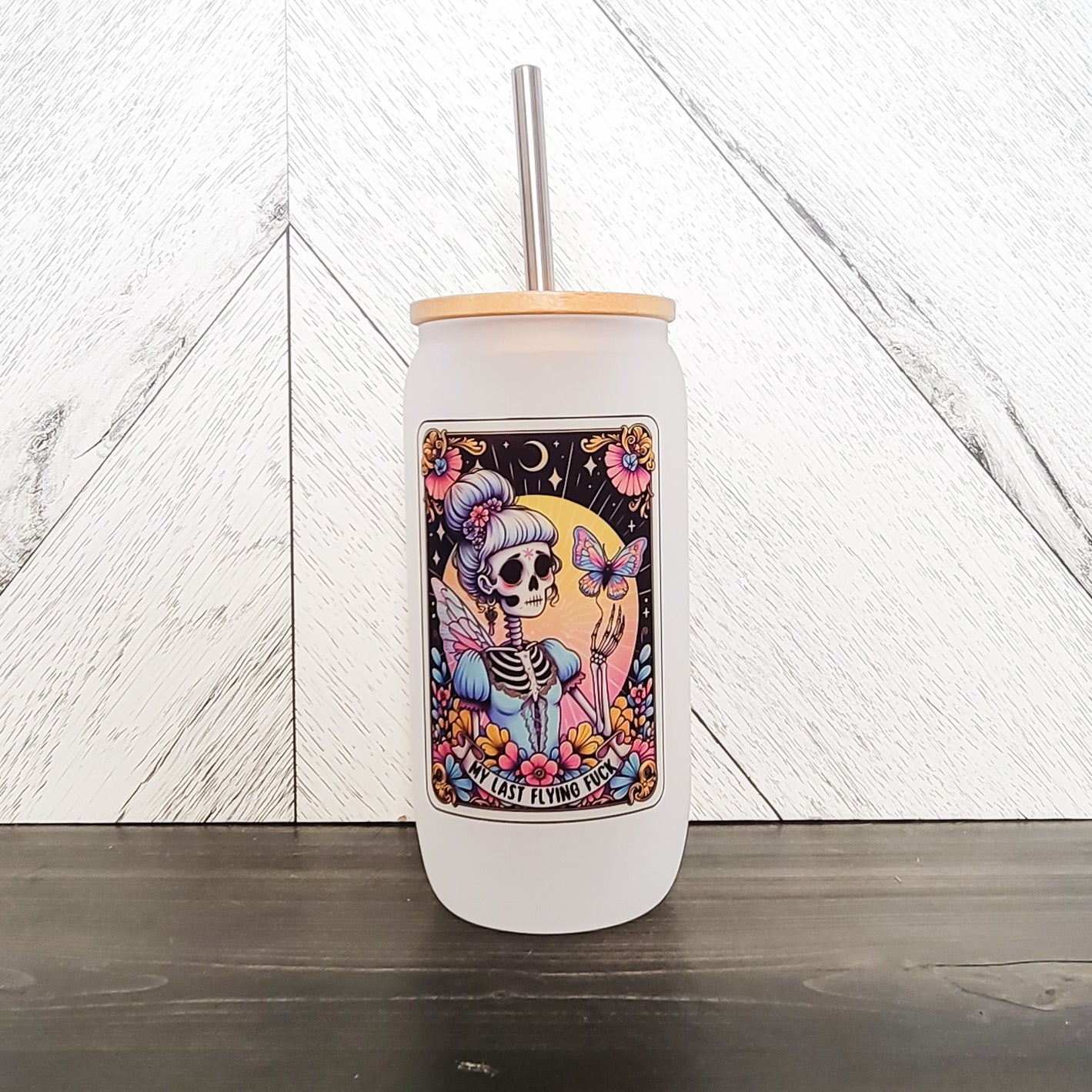 My Last Flying Fuck Frosted Can with Bamboo Lid | Tarot Card Glass Can