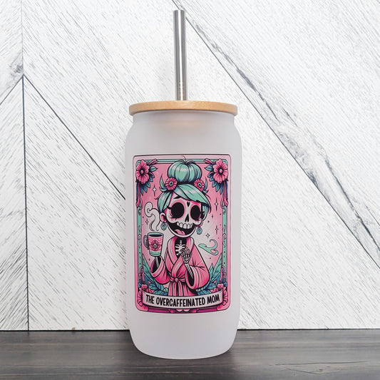The Overcaffeinated Mom Frosted Can with Bamboo Lid | Tarot Card Glass Can