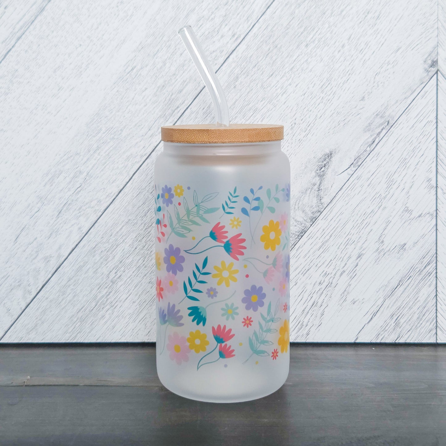 Summer Vibes Flower Frosted Can with Bamboo Lid