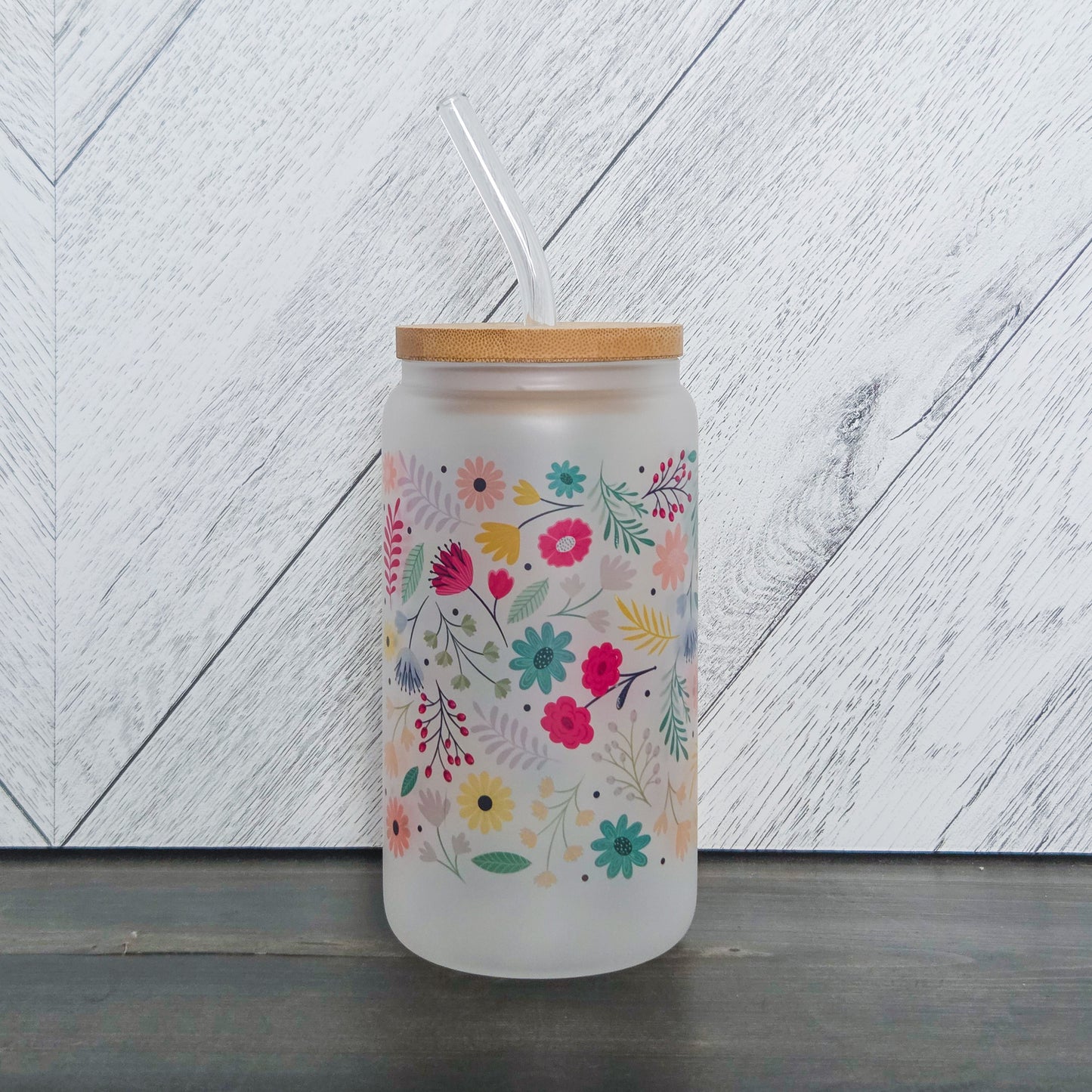 Spring Vibes Flower Frosted Can with Bamboo Lid