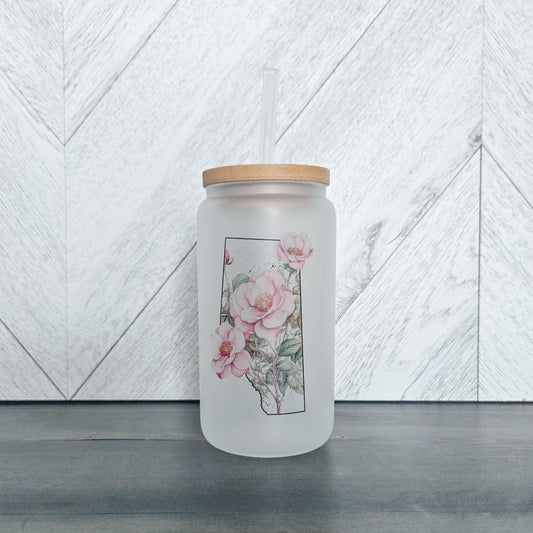 Wild Rose Province Frosted Glass Can with Bamboo Lid | Drink Cup