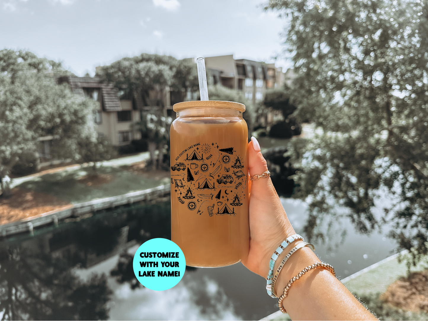 Camping Icon Custom Glass Can with Bamboo Lid | Lake Glass Can