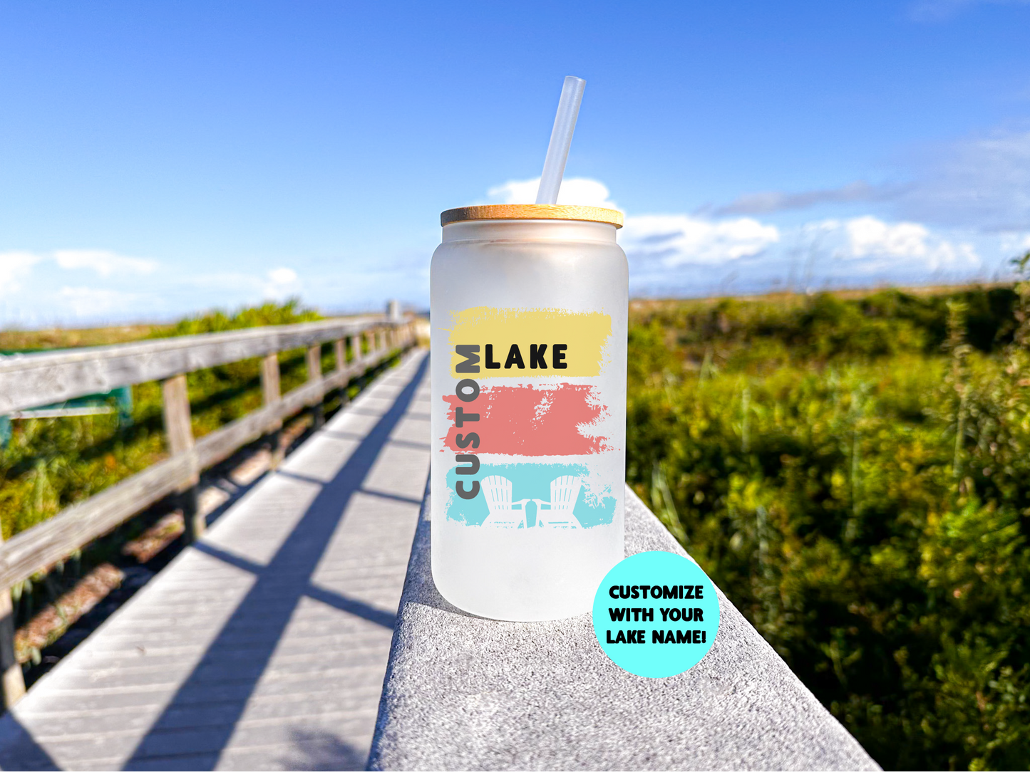 Lake Silhouette Custom Frosted Glass Can with Bamboo Lid | Lake Glass Can