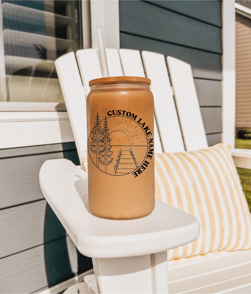 Custom Lake Scene Glass Can with Bamboo Lid | Lake Glass Can