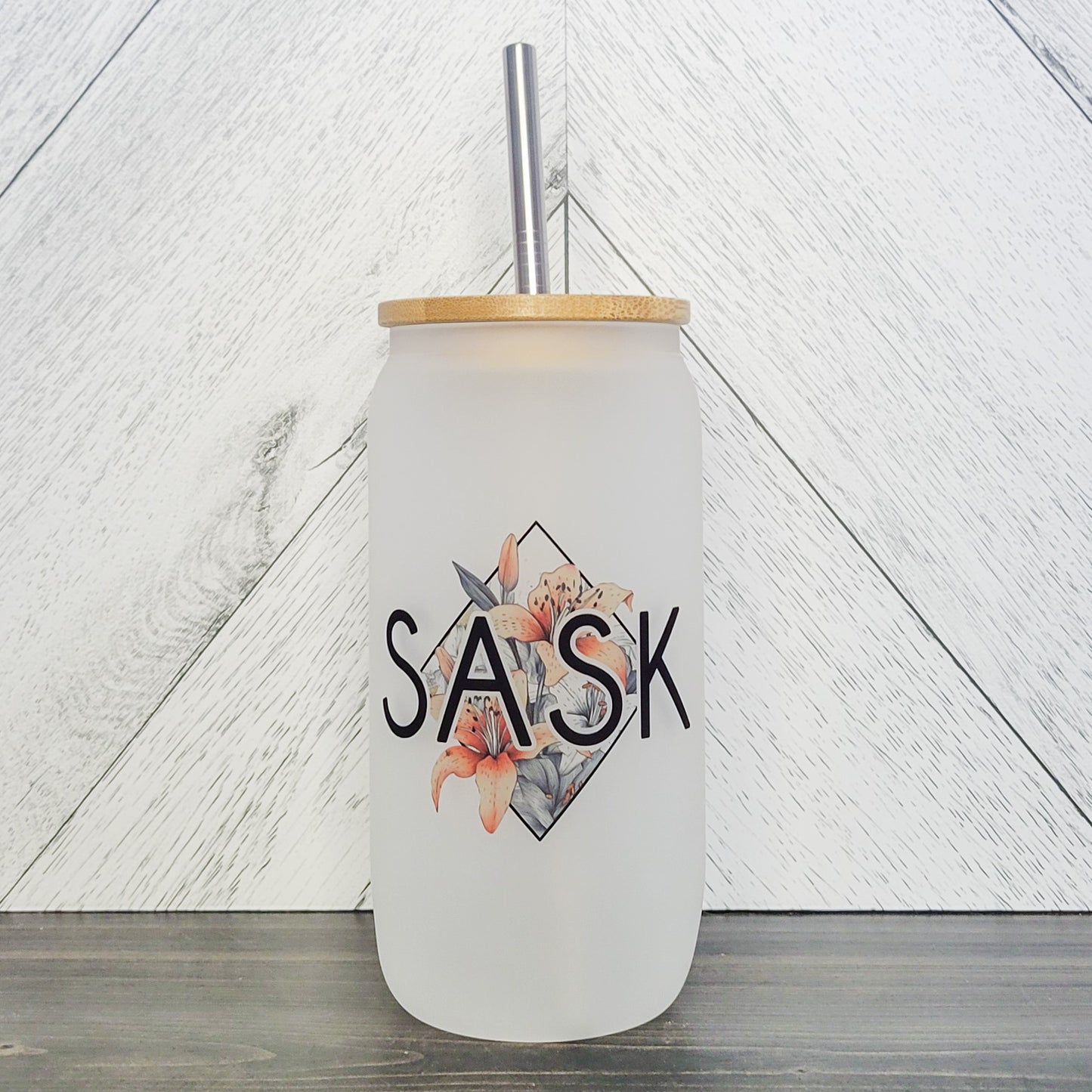 SASK Diamond Glass Can with Bamboo Lid