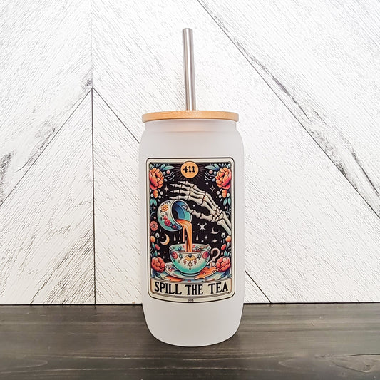 Spill The Tea Frosted Can with Bamboo Lid | Tarot Card Glass Can