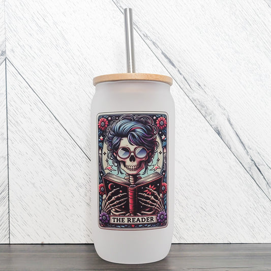 The Reader Frosted Can with Bamboo Lid | Tarot Card Glass Can