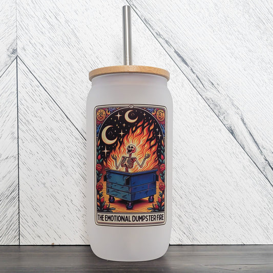 The Emotional Dumpster Fire Frosted Can with Bamboo Lid | Tarot Card Glass Can