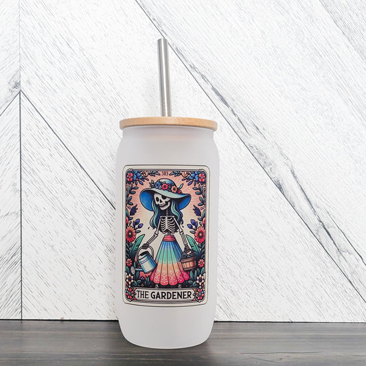 The Gardener Frosted Can with Bamboo Lid | Tarot Card Glass Can