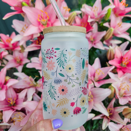Spring Vibes Flower Frosted Can with Bamboo Lid