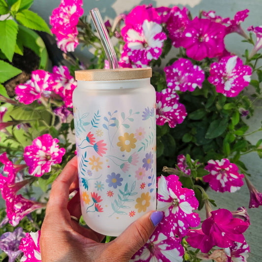 Summer Vibes Flower Frosted Can with Bamboo Lid