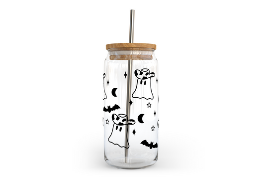 Ghost Glass Can with Bamboo Lid | Halloween Glass Can
