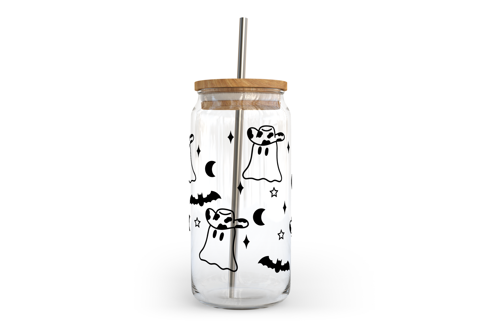 HALLOWEEN GHOST Glass Can Cup W/ Bamboo Lid & Straw Iced Coffee