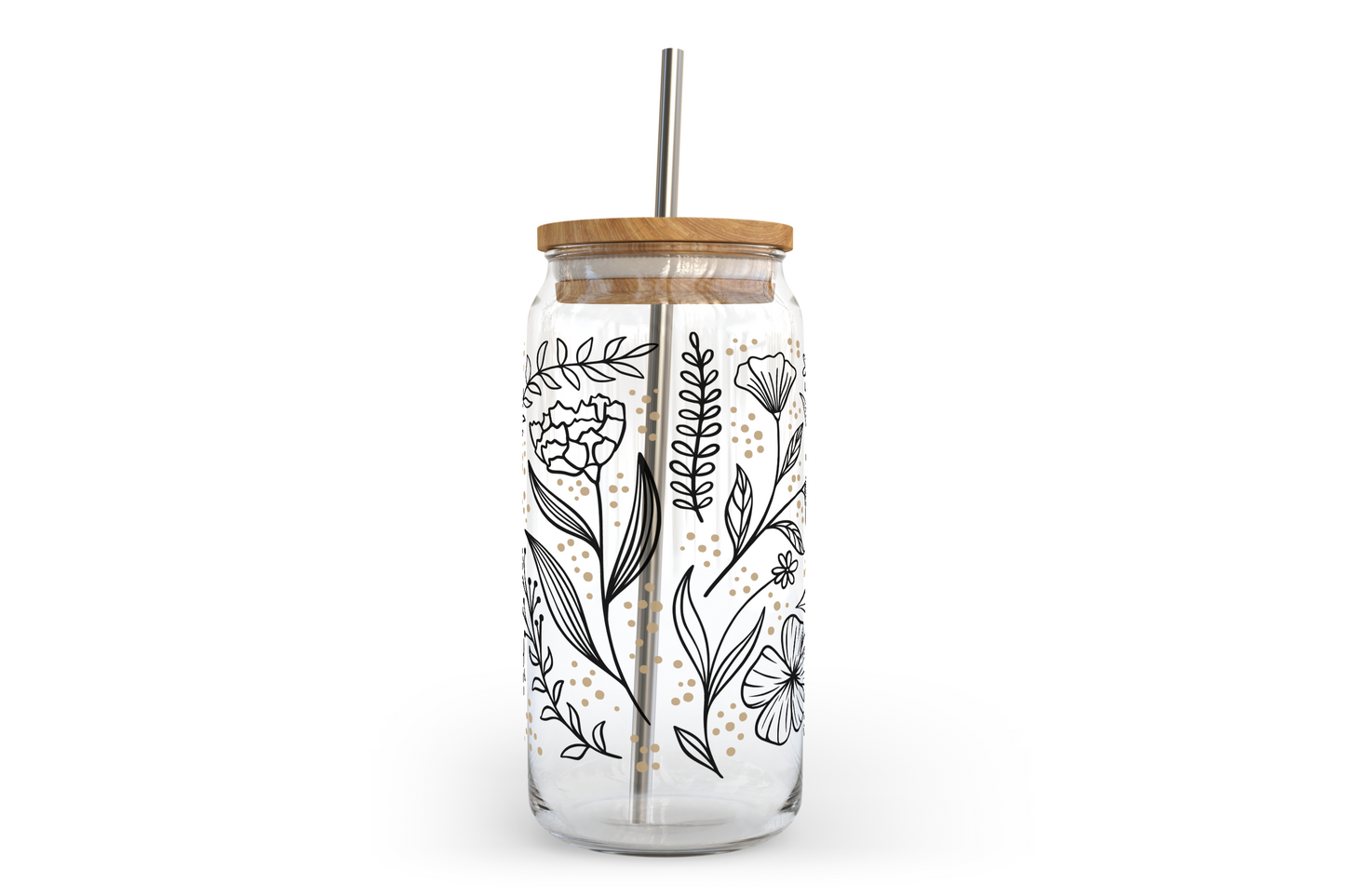 Floral Line Art Glass Can with Bamboo Lid