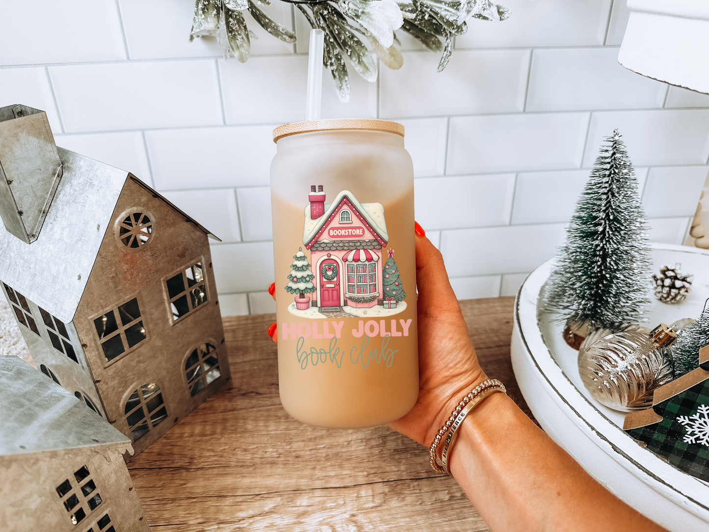 Holly Jolly Book Club Frosted Can with Bamboo Lid | Bookish | Christmas