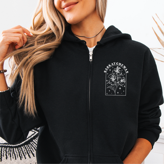Prairie Lily Line Art Unisex Zip Up | Saskatchewan Apparel