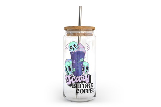 Scary Before Coffee Glass Can with Bamboo Lid | Halloween Glass Can