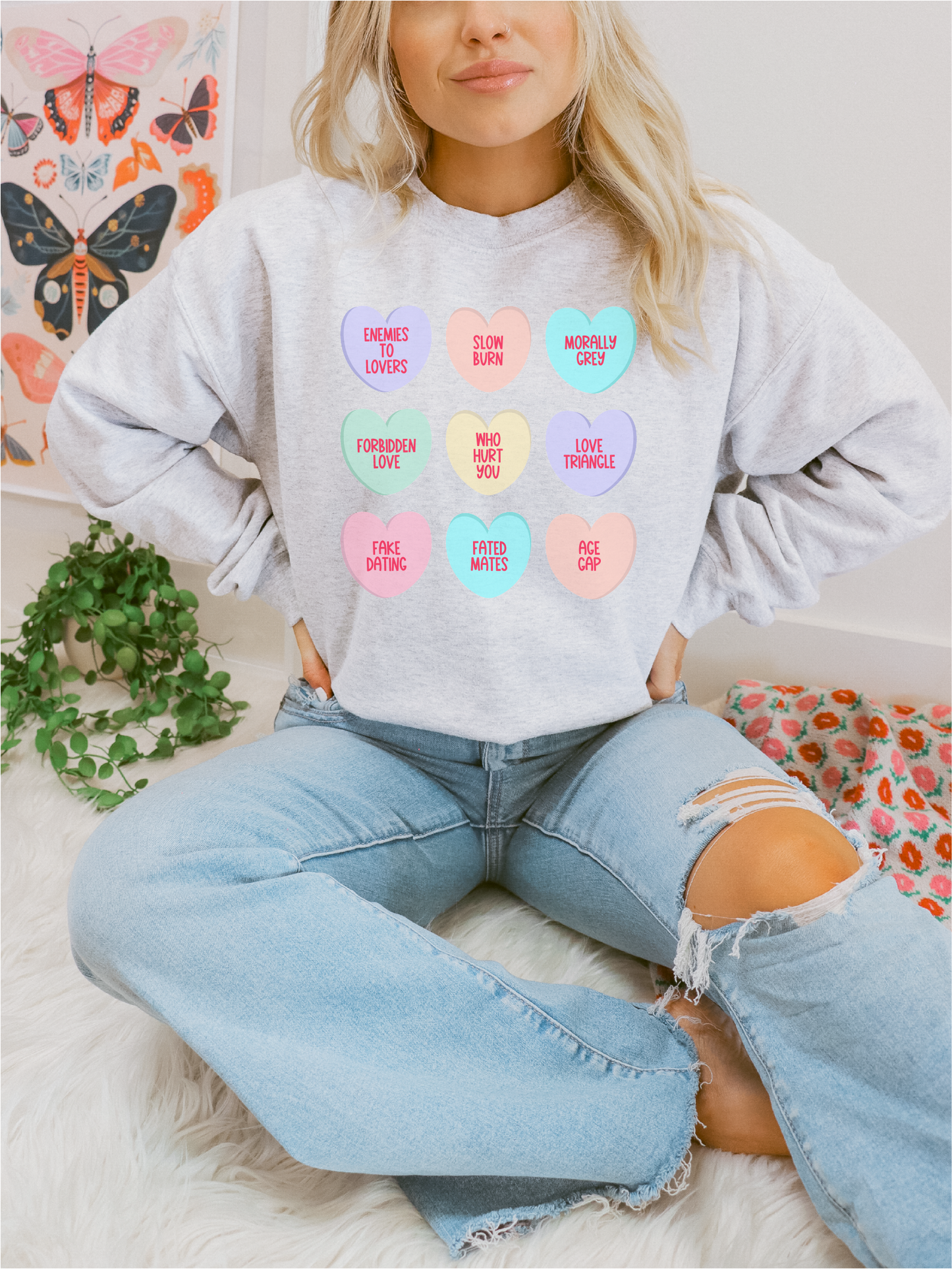 Conversation Heart Tropes Unisex Crewneck Sweatshirt | Bookish