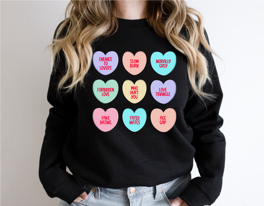 Conversation Heart Tropes Unisex Crewneck Sweatshirt | Bookish